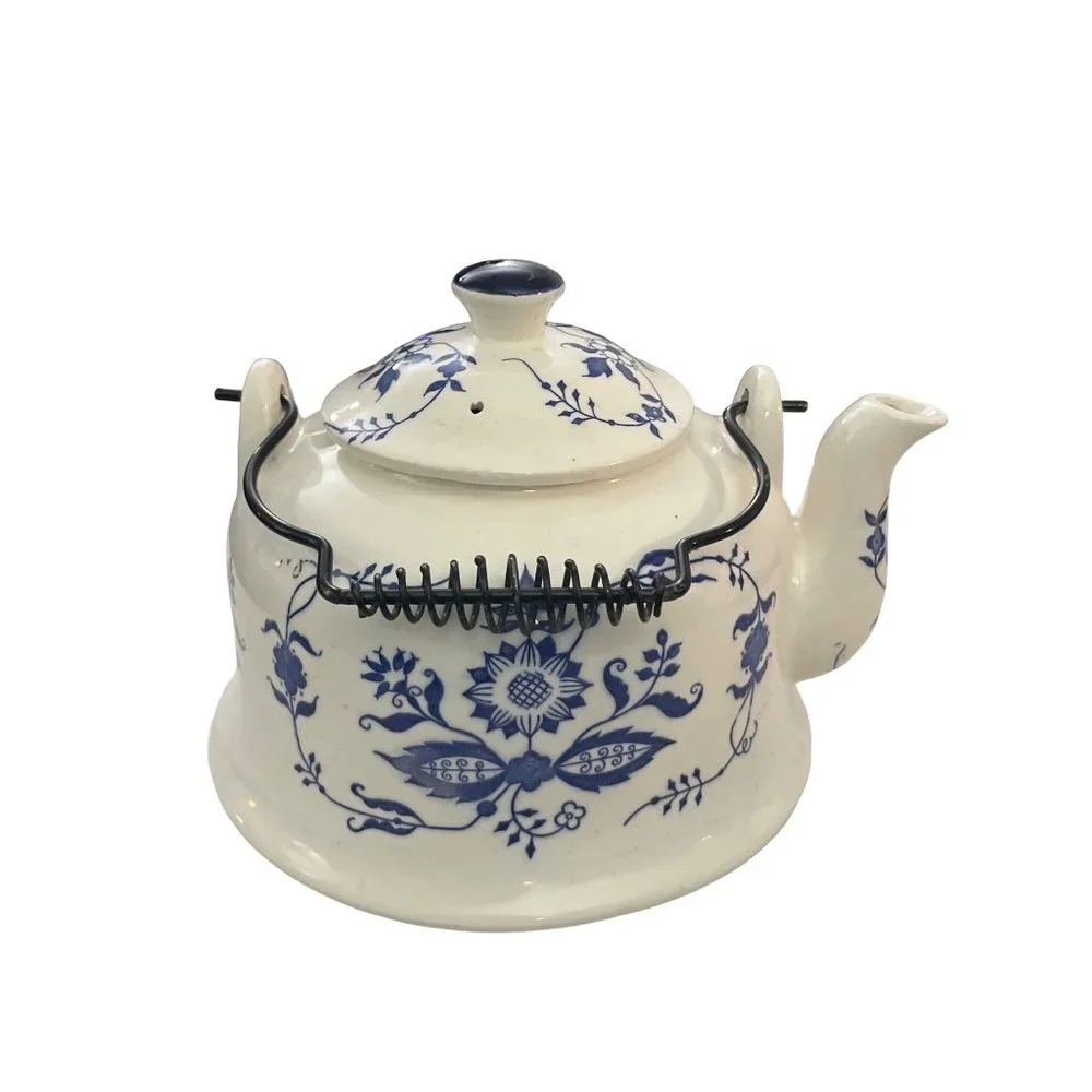 Vintage Blue and White Teapot with‎  Spiral Metal Handle
